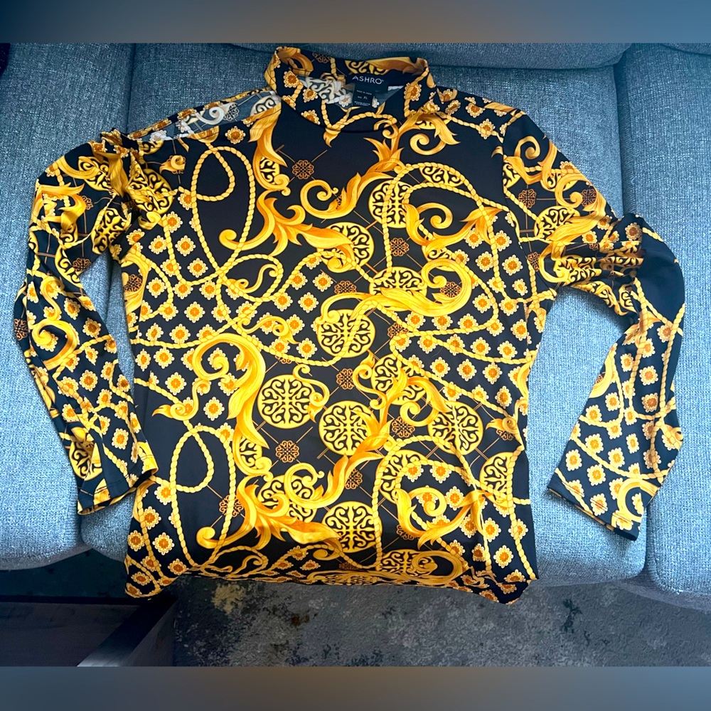 Women’s Ashro Black Gold Scarf Print Gamela Top
Blouse Size XL